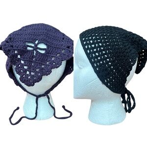 Lot of 2 Vintage Knit Crochet Head Bandana Scarf Kerchief Black Purple Dragonfly